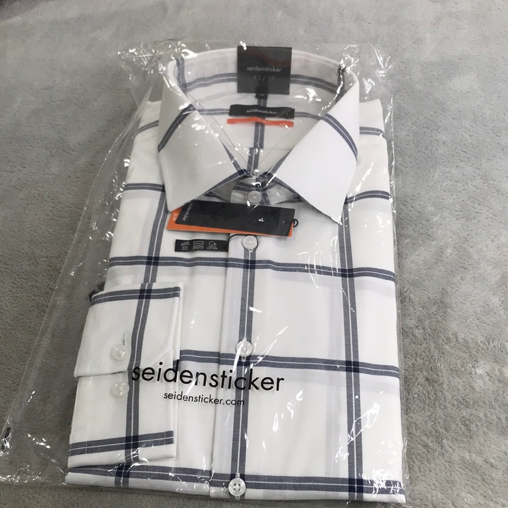 Seidensticker Men's Slim Fit Navy Blue Windowpane Men's Dress Shirt XL New